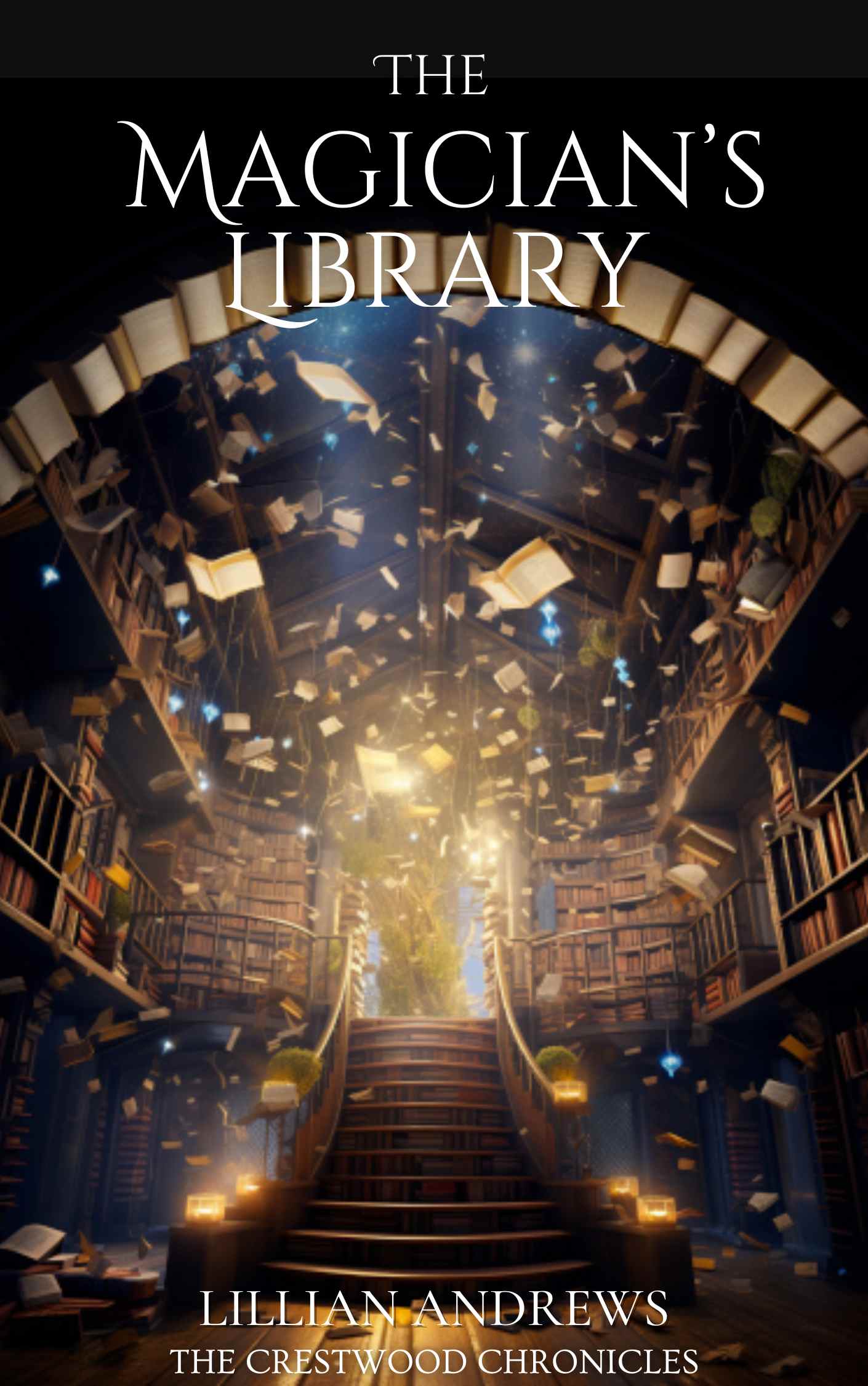 Cover of The Magician's Library: a glowing book in a mysterious library